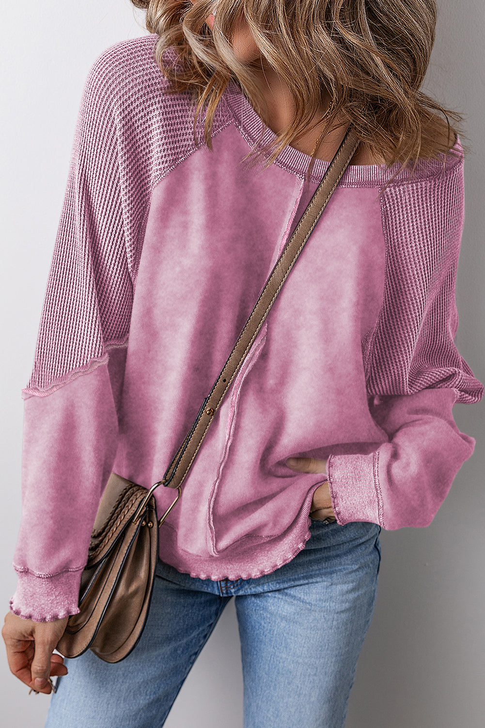 Pink Waffle Patchwork Raglan Sleeve Exposed Seam Sweatshirt