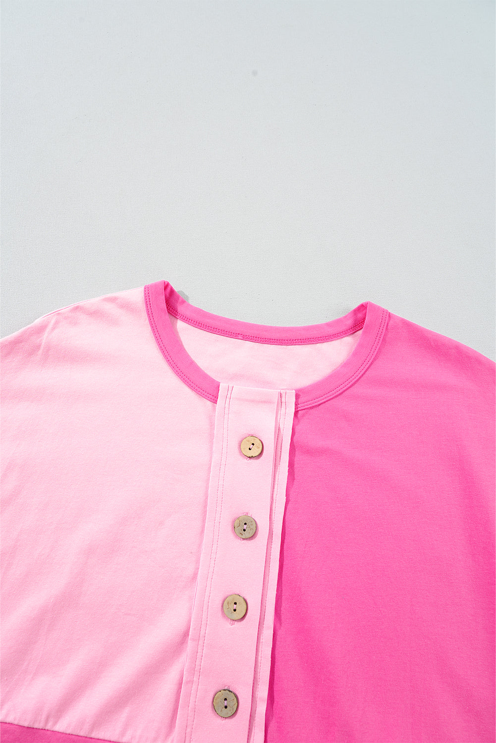 Pink Colorblock Half Buttons Henley T Shirt