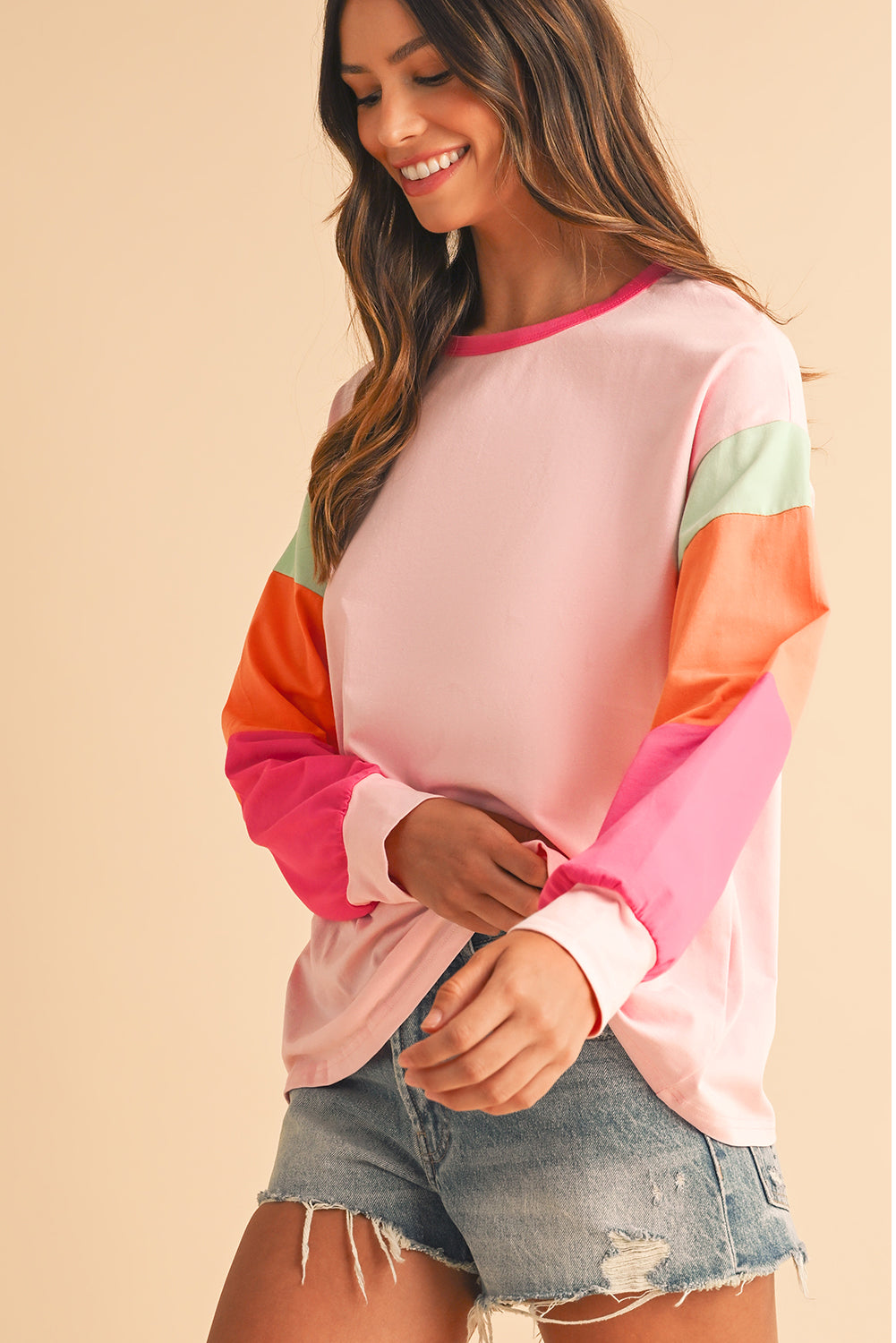 Rose Red Color Block Sleeve Loose Fit Top