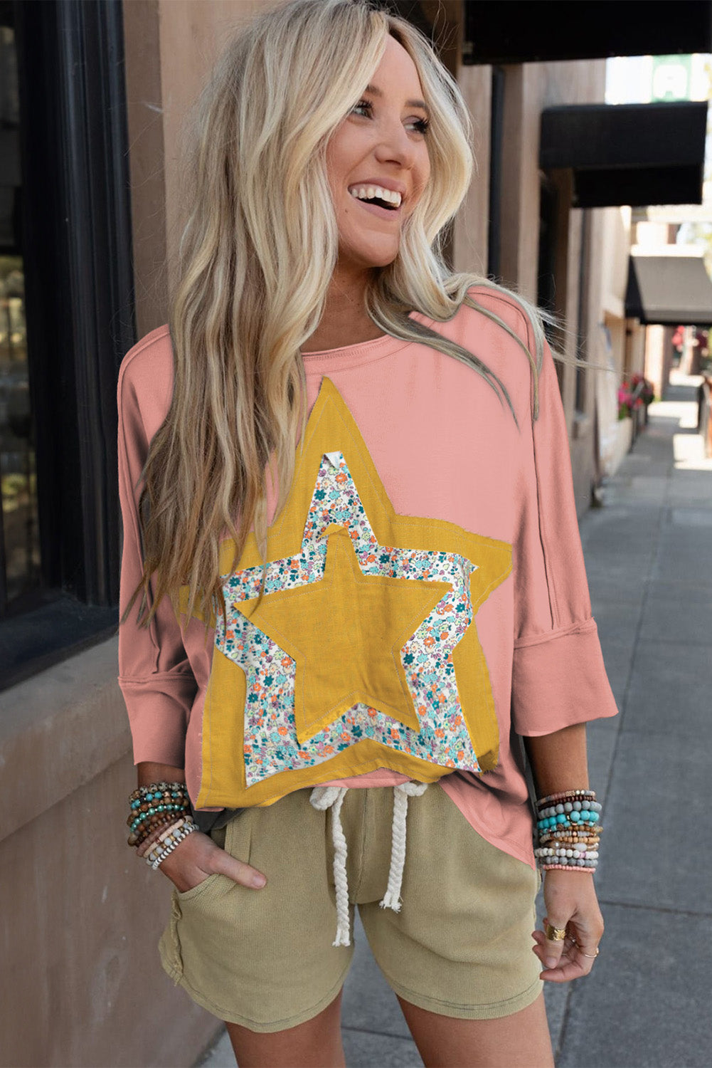 Rose Tan Floral Star Patched Exposed Seam Top