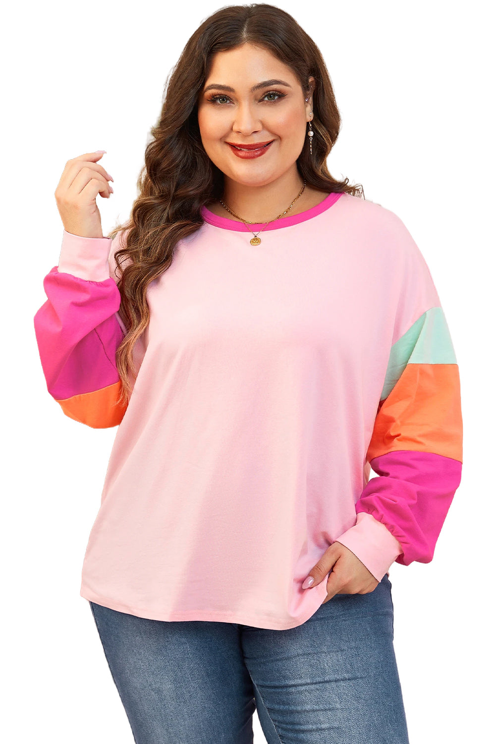 Pink Colorblock Long Sleeve Plus Size Top