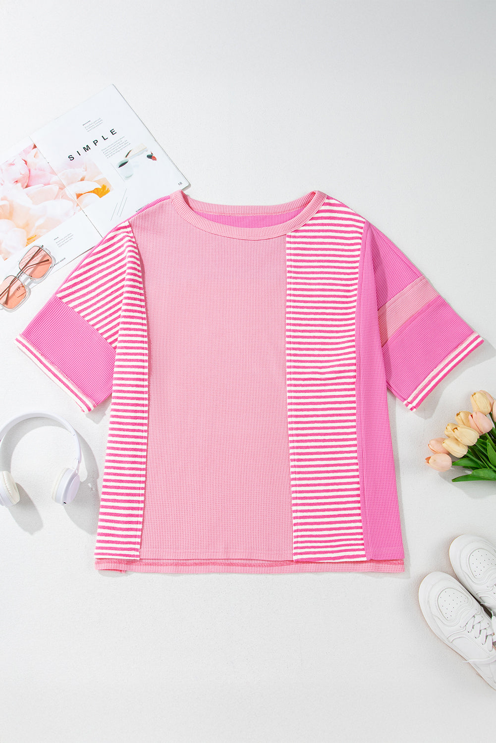 Pink Stripe Waffle Patchwork Plus Size T-Shirt