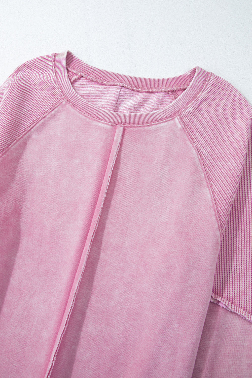 Pink Waffle Patchwork Raglan Sleeve Exposed Seam Sweatshirt