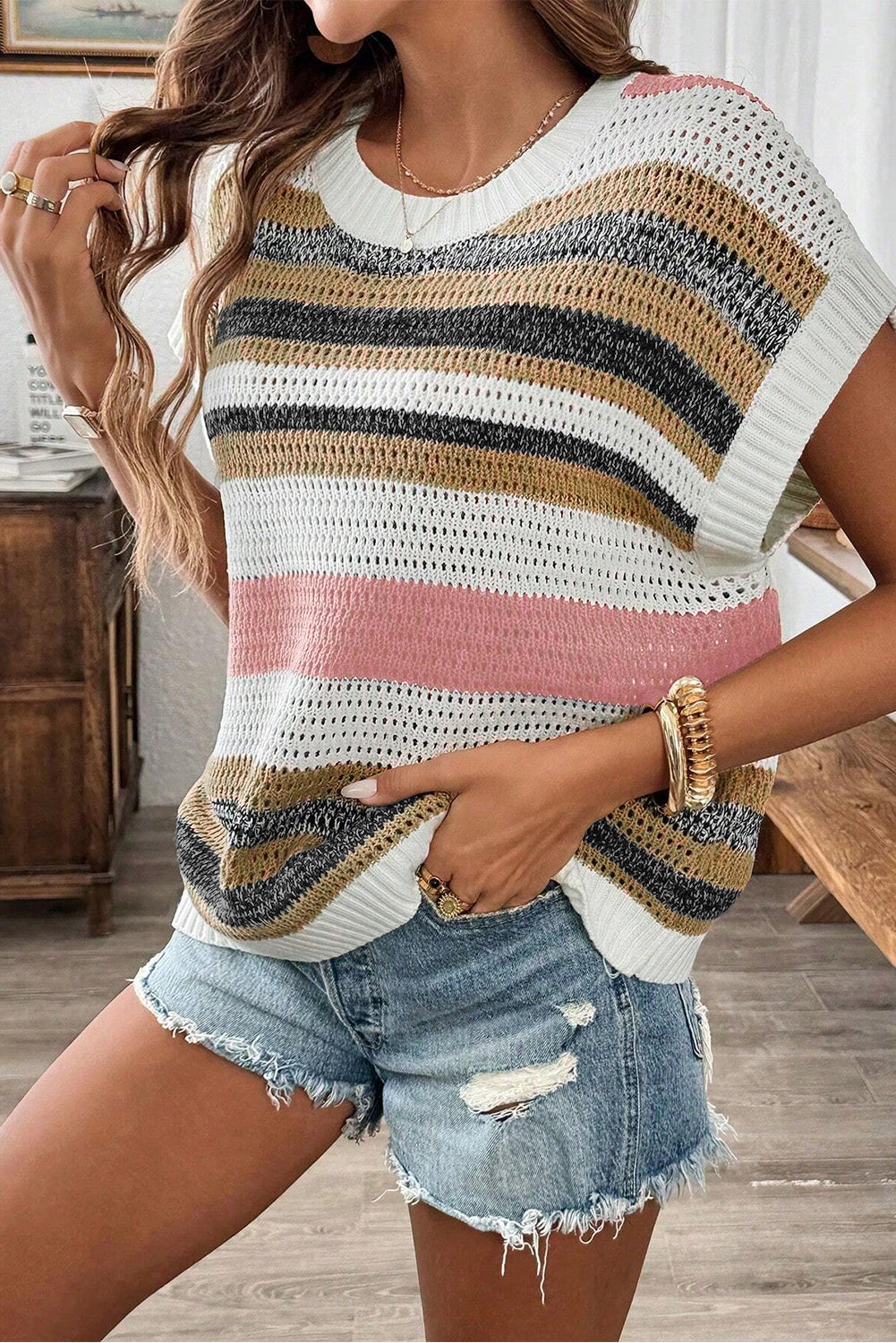 Pink Stripe Colorblock Eyelet Knit Short Sleeve Sweater Tee