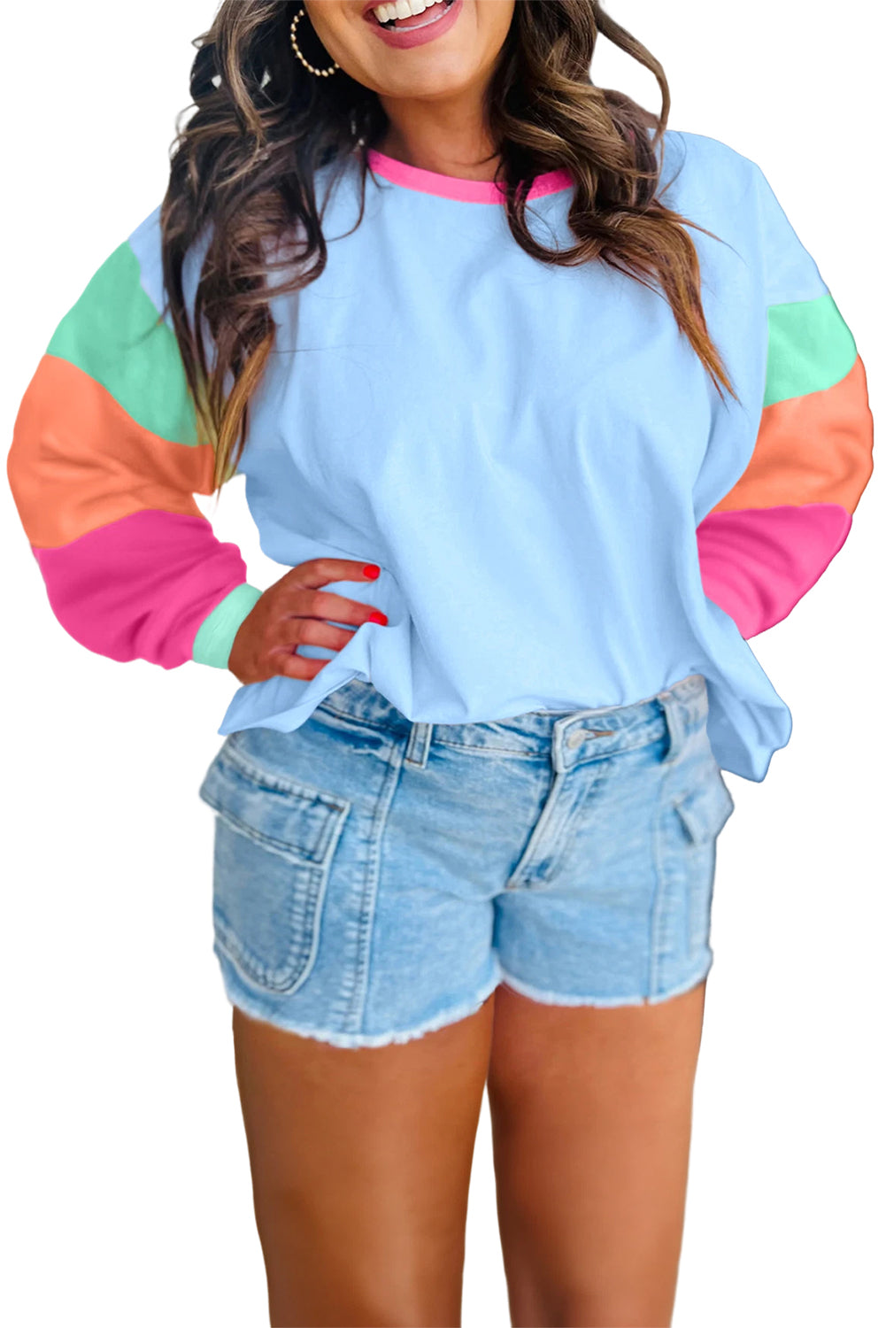 Pink Colorblock Long Sleeve Plus Size Top