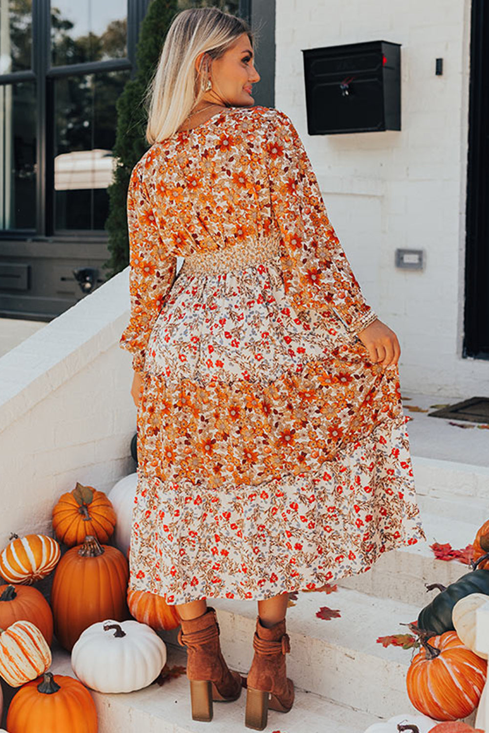 Khaki Plus Size Frill Tiered High Waist Floral Dress