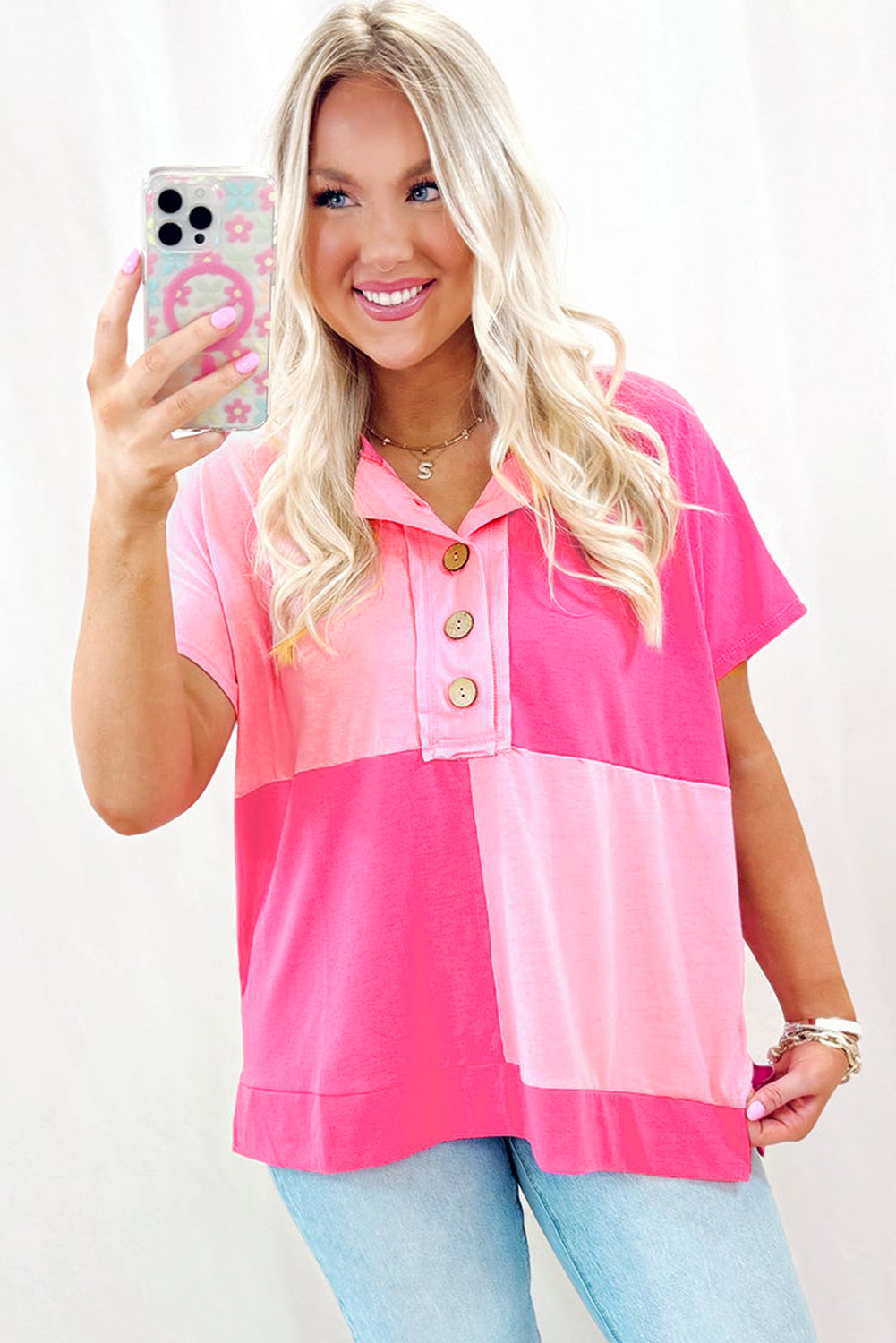 Pink Colorblock Half Buttons Henley T Shirt