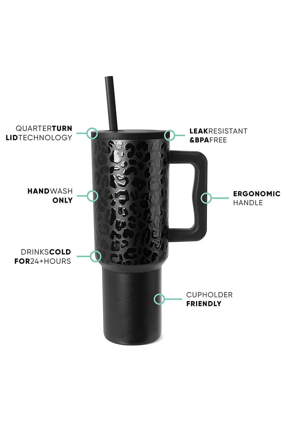 Black Polished Leopard Emboss Straw Thermal Tumbler 40oz