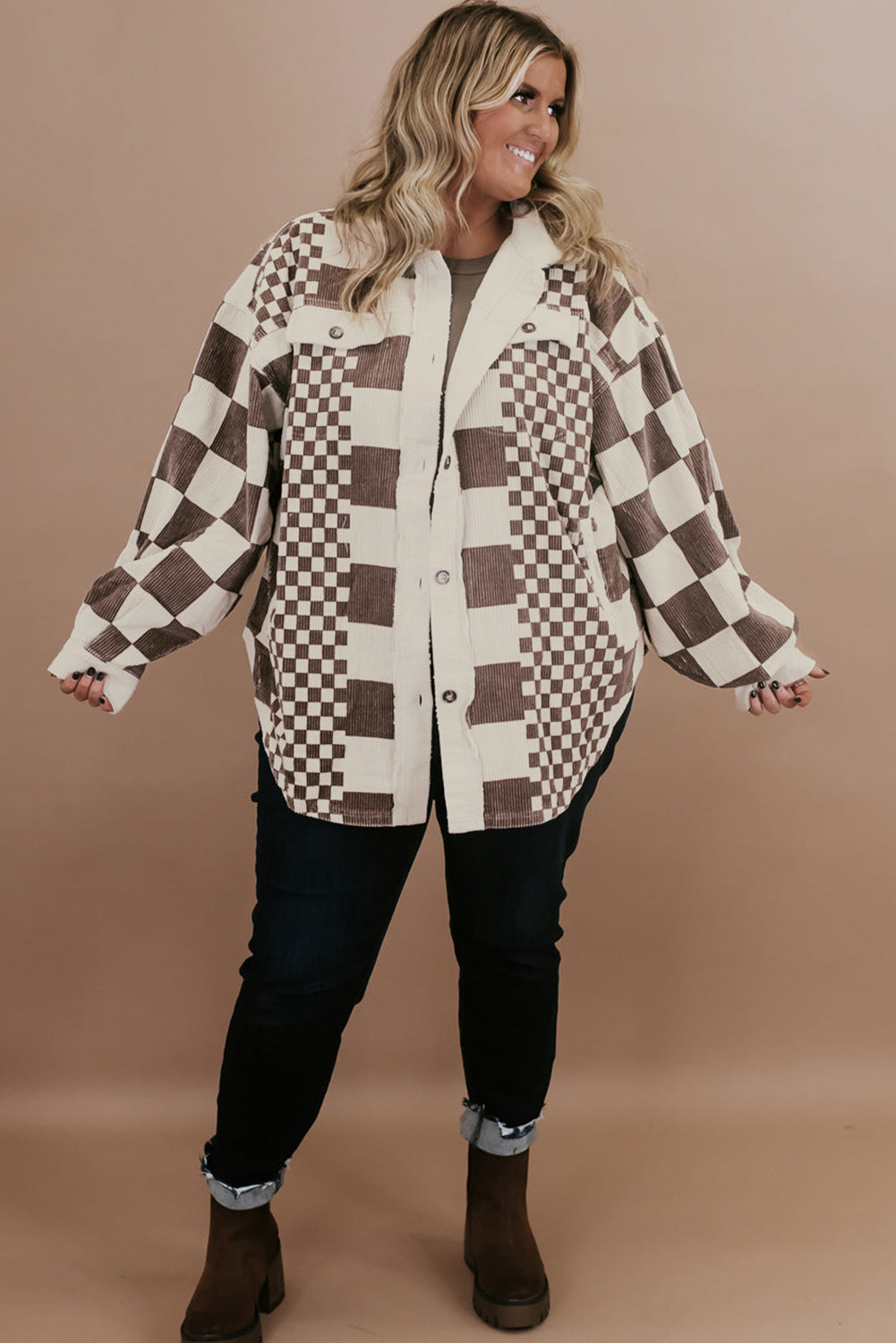 Brown Checkered Print Corduroy Plus Size Shacket