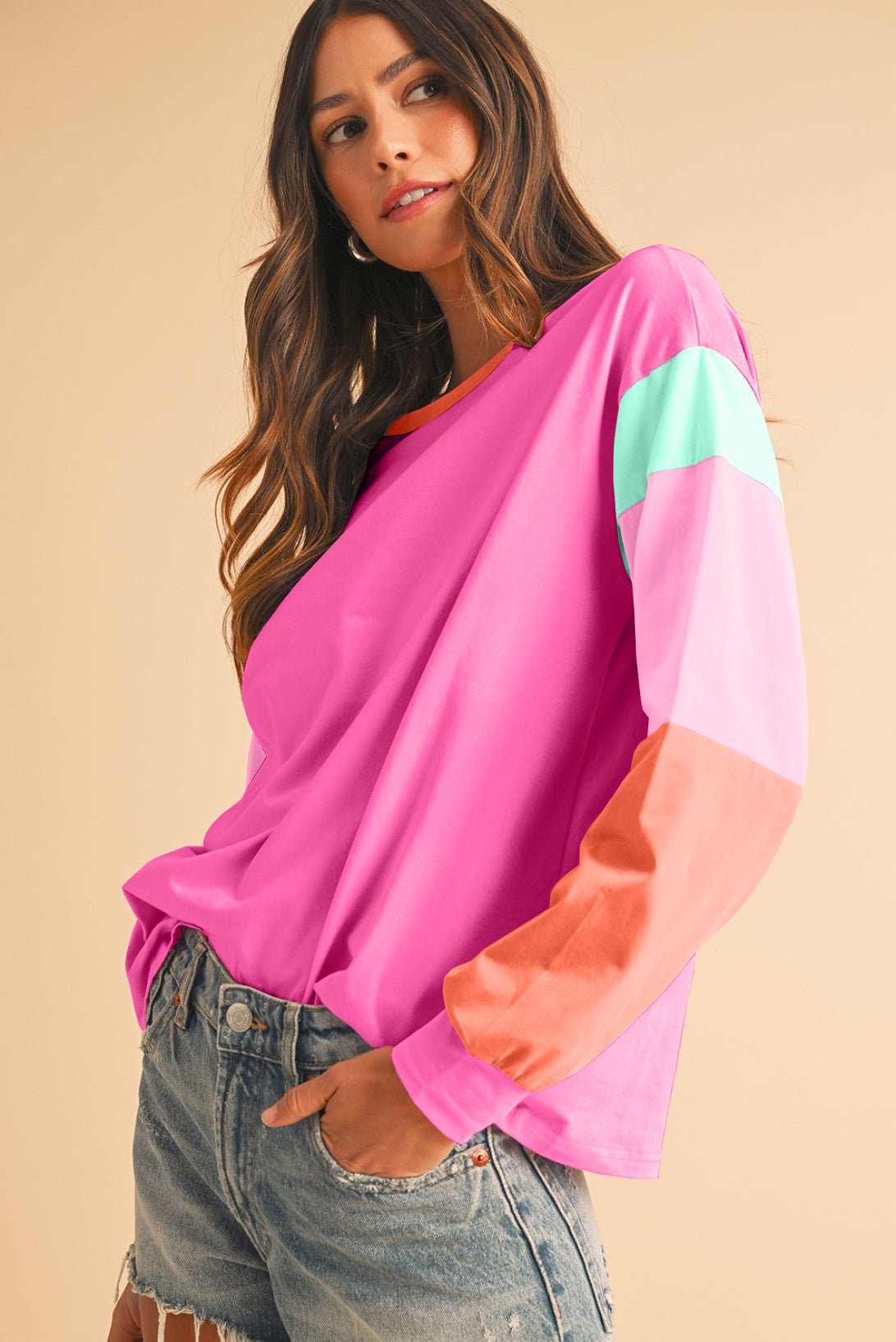 Rose Red Color Block Sleeve Loose Fit Top