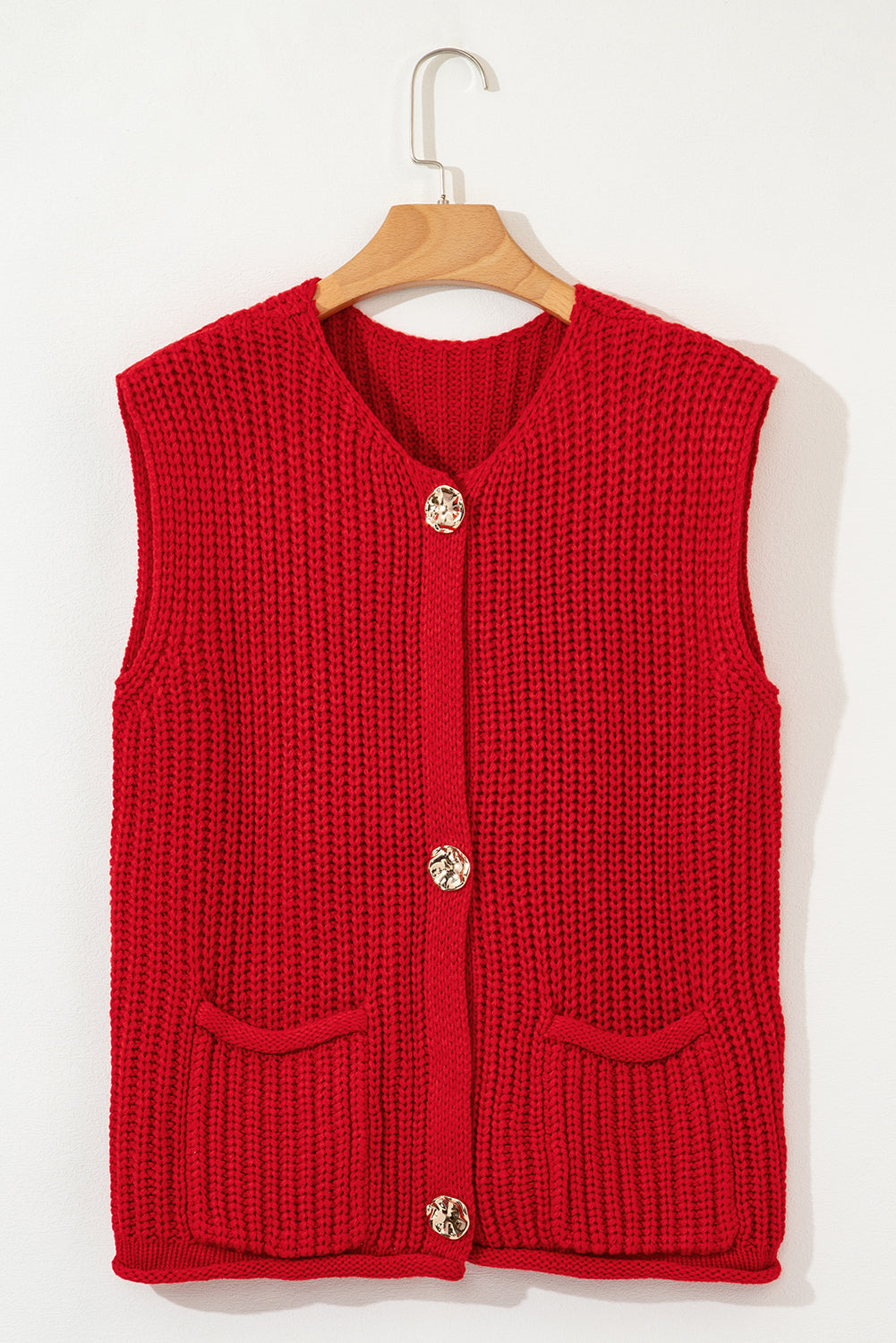 White Solid Textured Knit Side Pockets Buttoned Sweater Vest