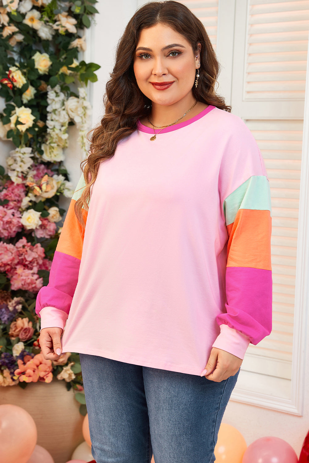 Pink Colorblock Long Sleeve Plus Size Top