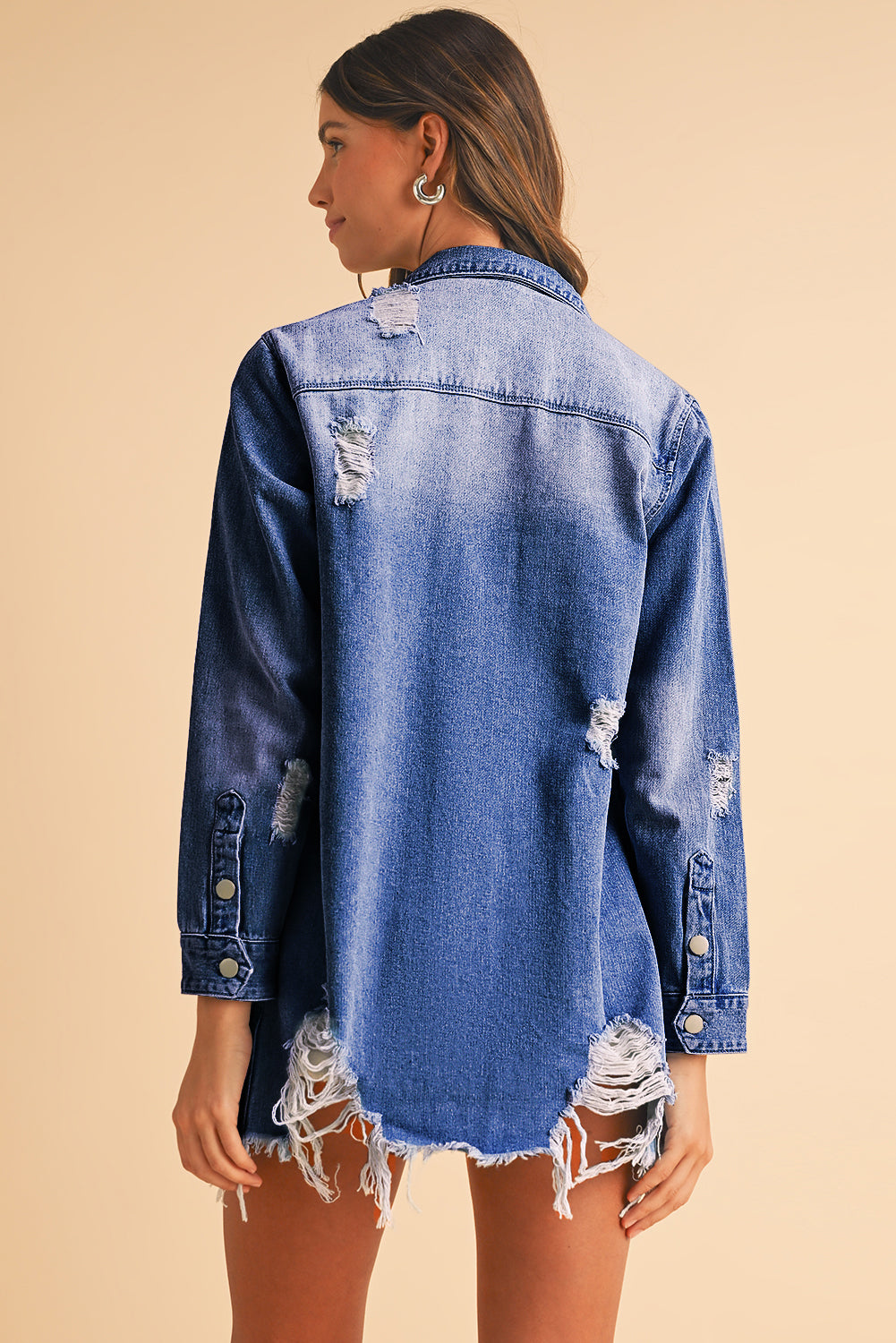 Beau Blue Light Wash Distressed Frayed Long Denim Jacket