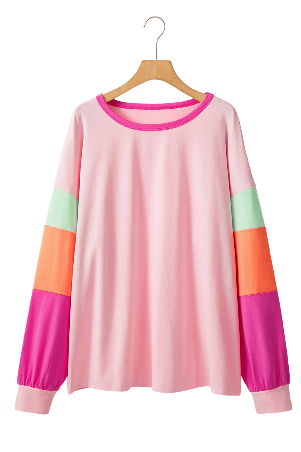 Pink Colorblock Long Sleeve Plus Size Top