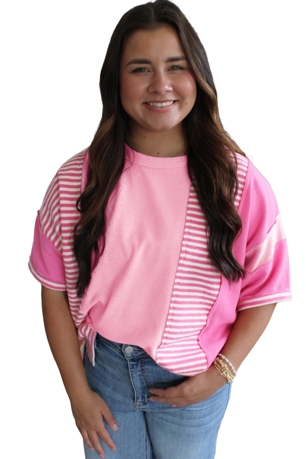 Pink Stripe Waffle Patchwork Plus Size T-Shirt