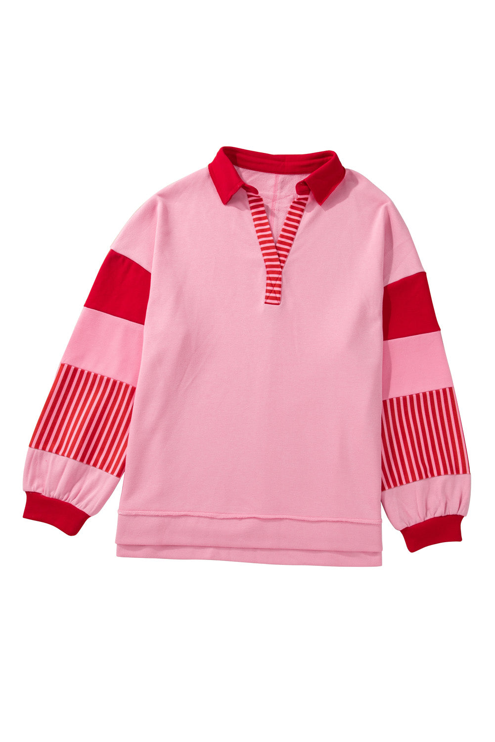 Rose Striped Patchwork Side Split Collared Plus Size Sweatshirt