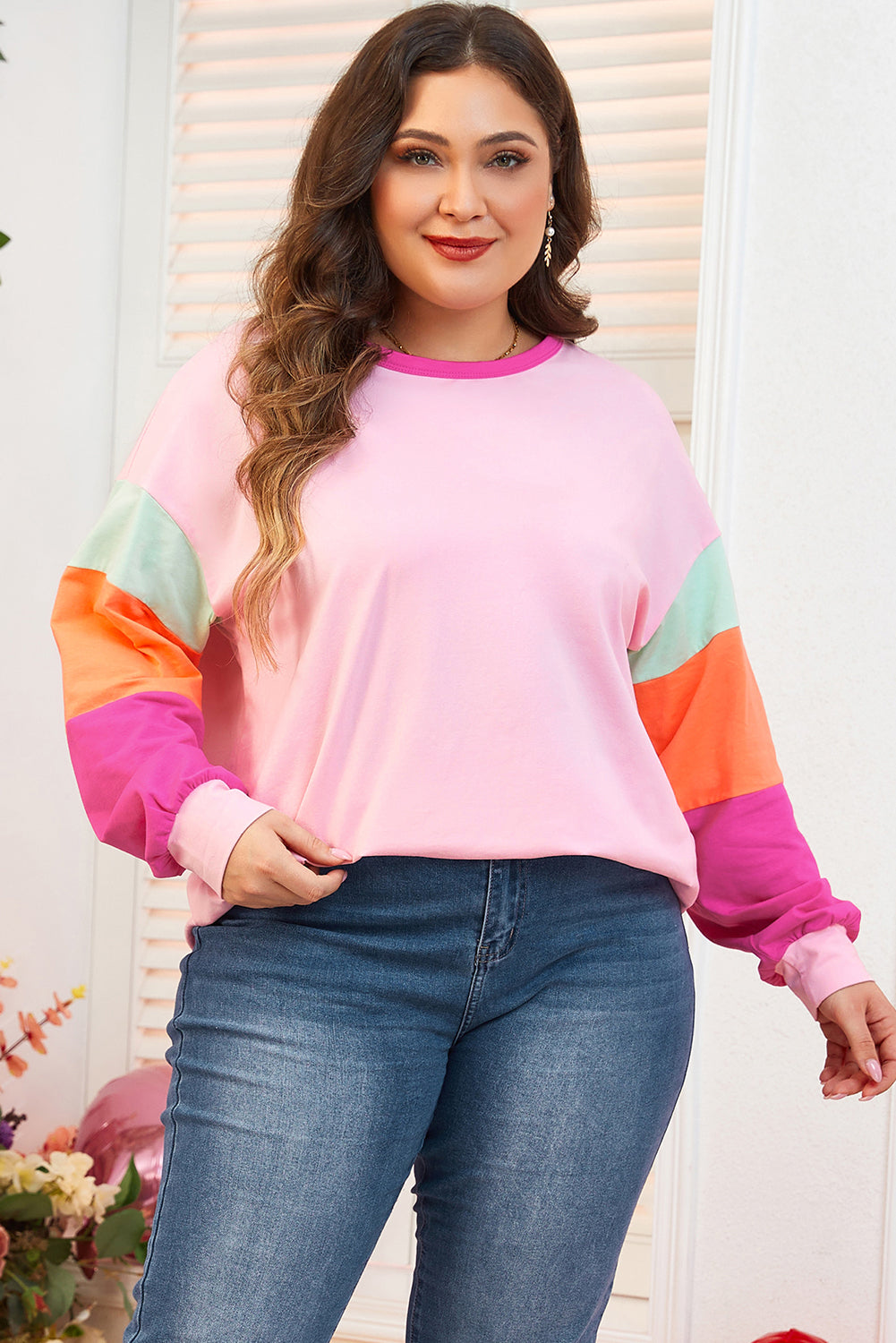 Pink Colorblock Long Sleeve Plus Size Top