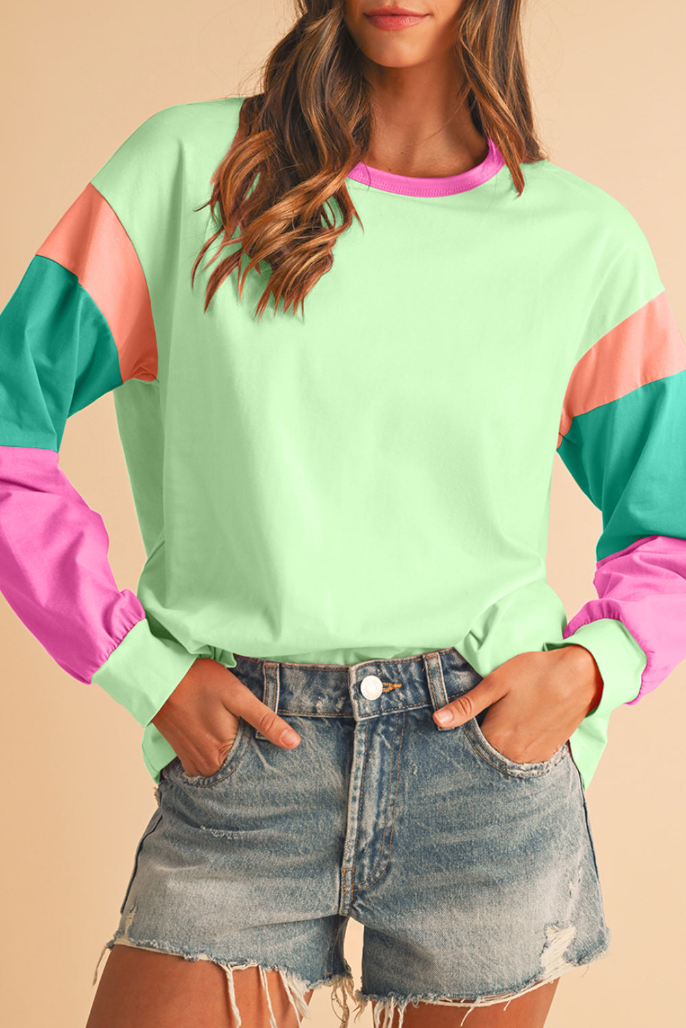 Rose Red Color Block Sleeve Loose Fit Top