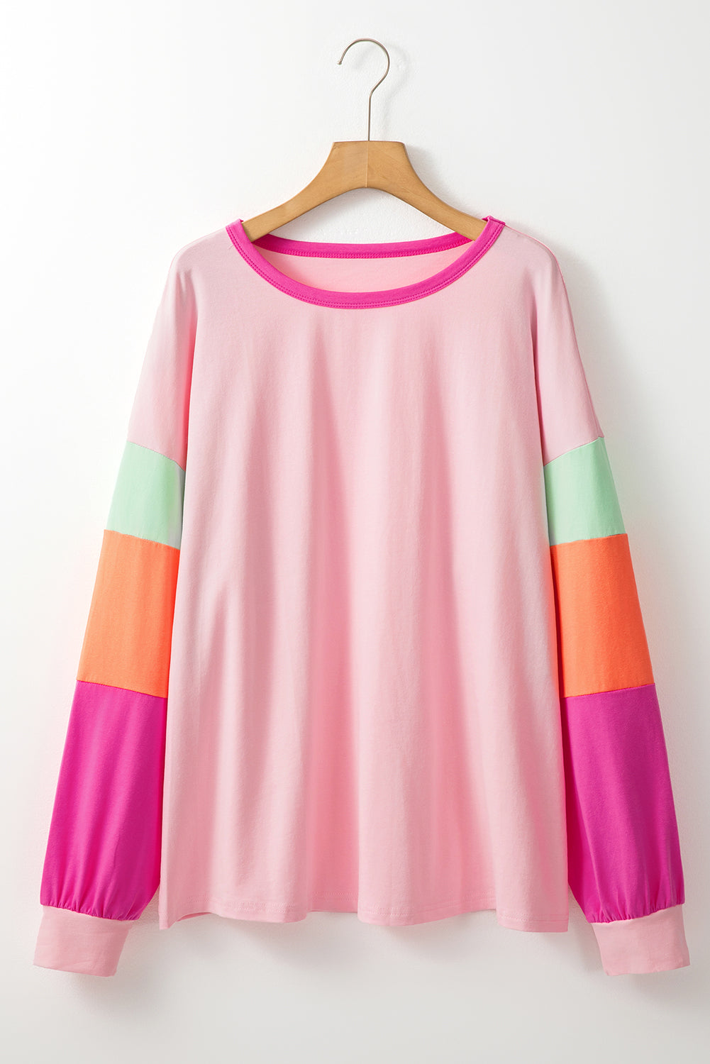 Pink Colorblock Long Sleeve Plus Size Top