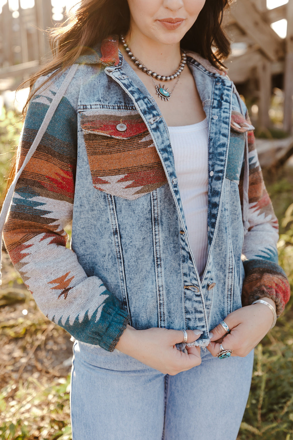 Multicolor Geometric Print Frayed Hem Denim Jacket