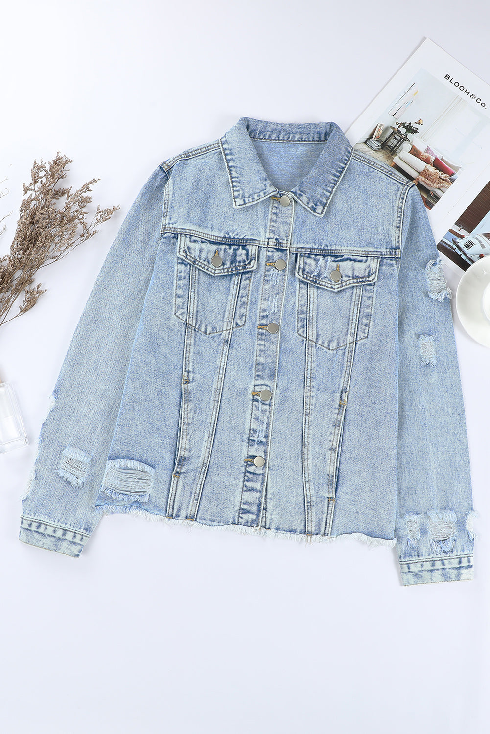 Light Blue Distressed Ripped Raw Hem Buttons Denim Jacket