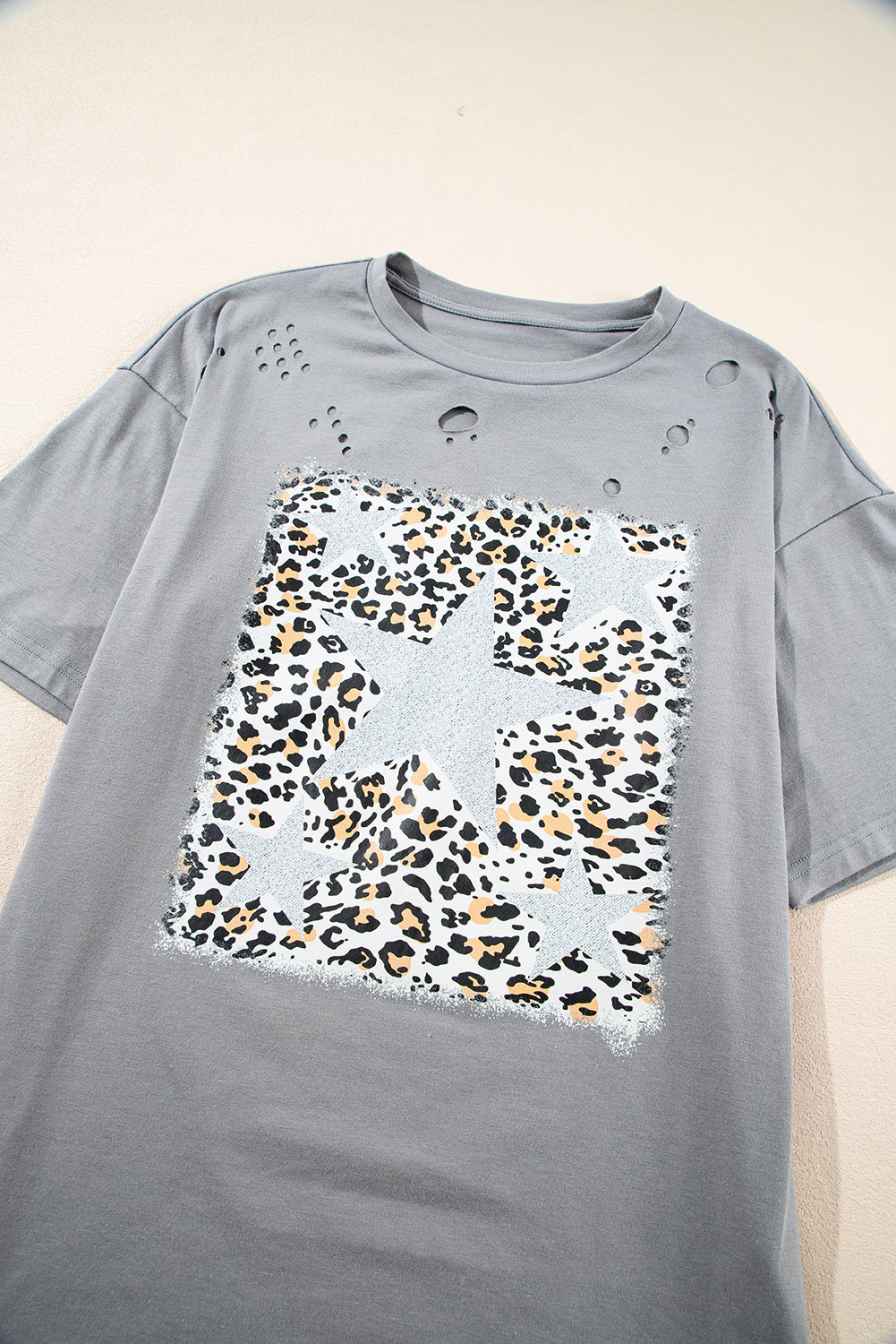 Medium Grey Stars Leopard Graphic Ripped Distressed Tee