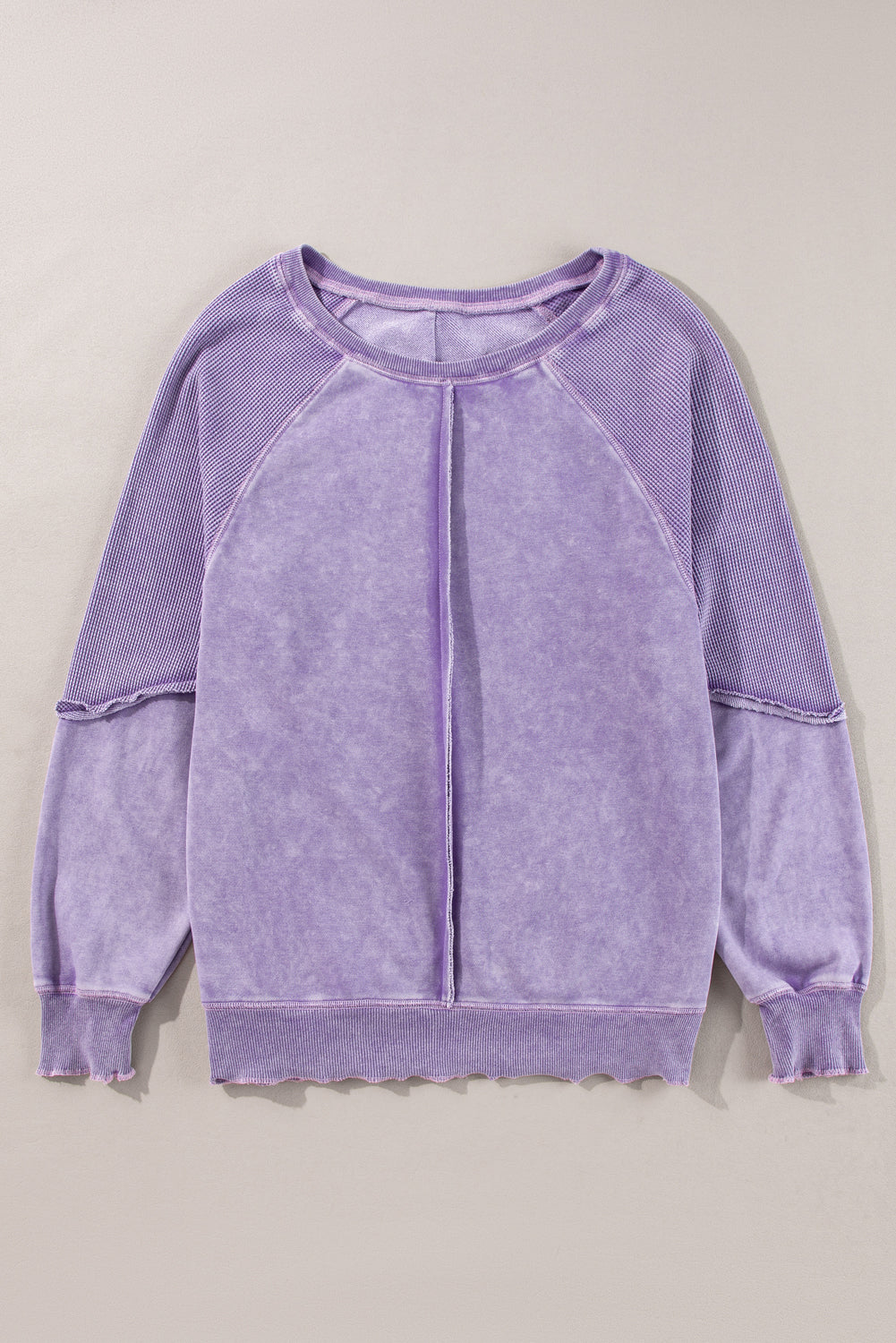 Pink Waffle Patchwork Raglan Sleeve Exposed Seam Sweatshirt