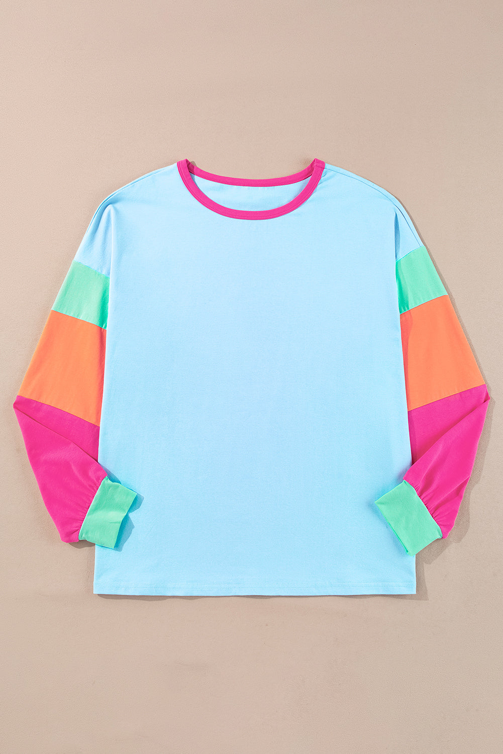 Pink Colorblock Long Sleeve Plus Size Top