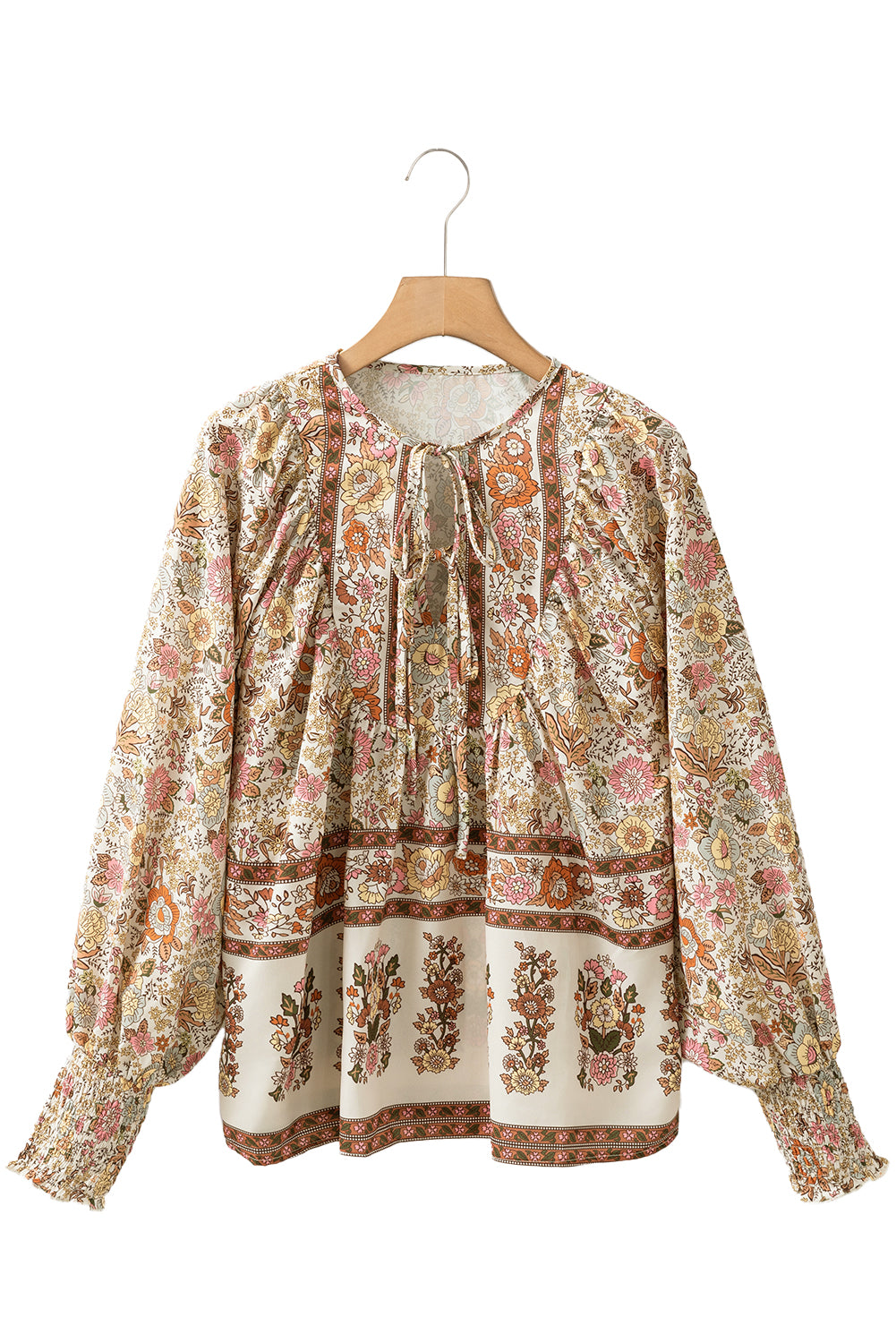 Yellow Floral Print Tie Neck Lantern Sleeve Blouse