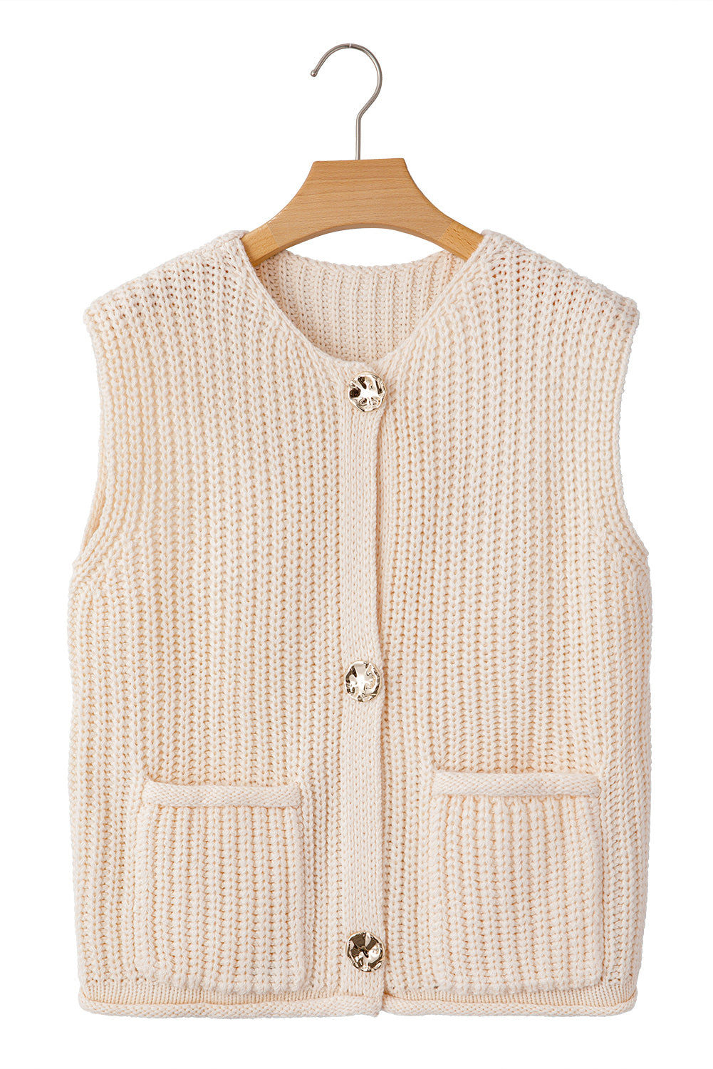 White Solid Textured Knit Side Pockets Buttoned Sweater Vest