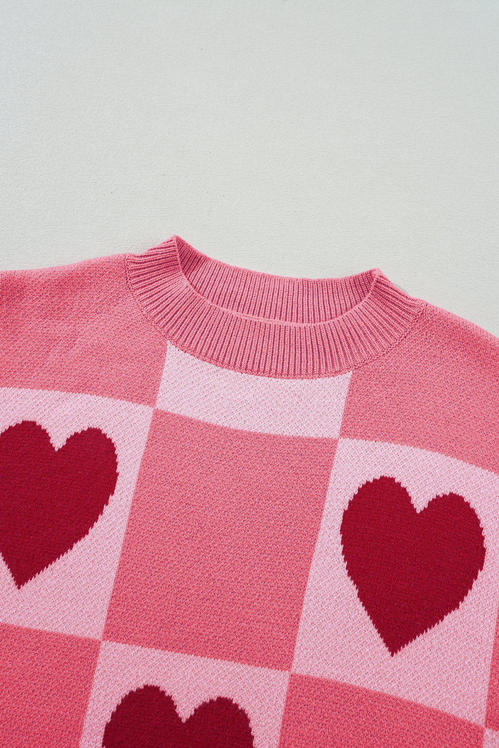 Pink Plus Size Heart Checkered Colorblock Lantern Sleeve Sweater