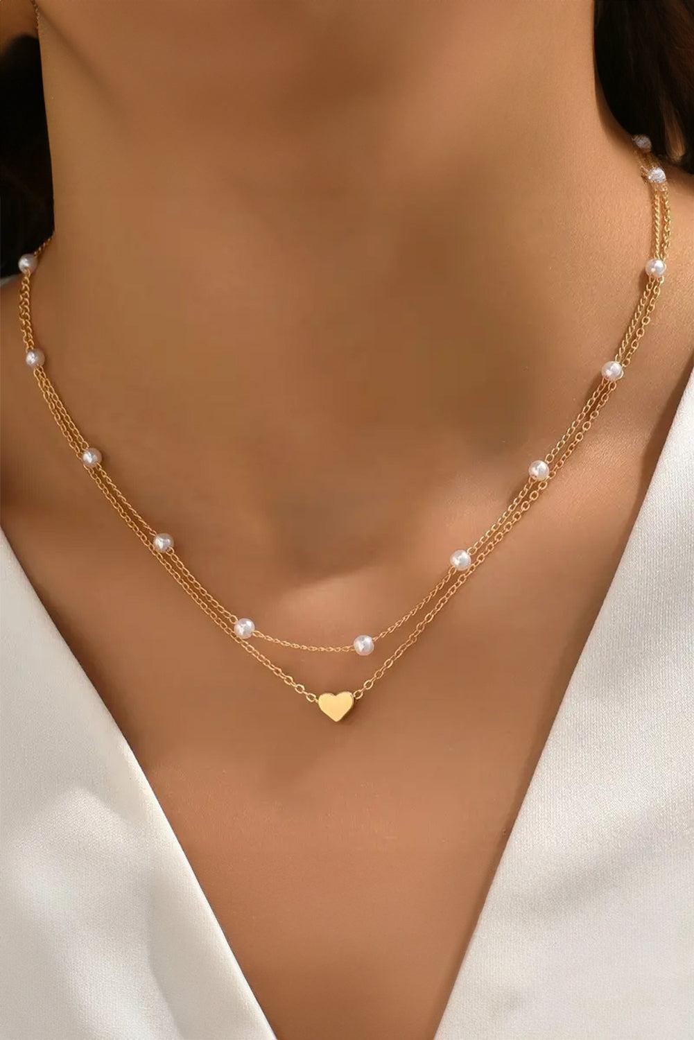 Gold Pearl Heart Chain Necklace