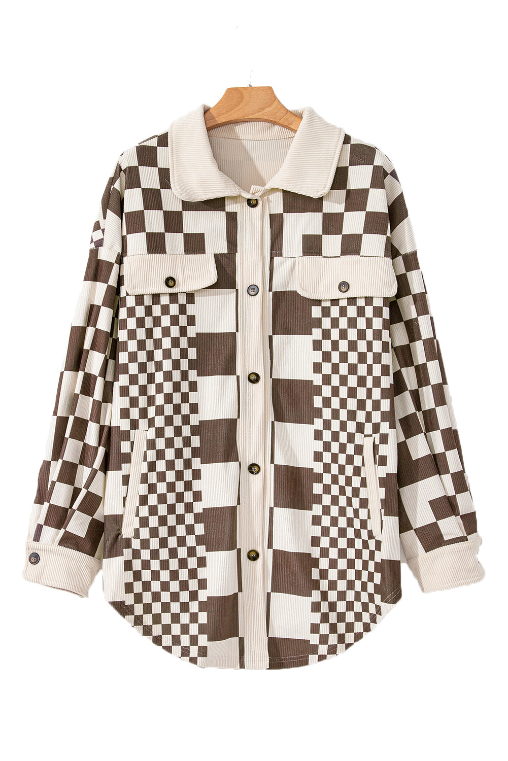 Brown Checkered Print Corduroy Plus Size Shacket