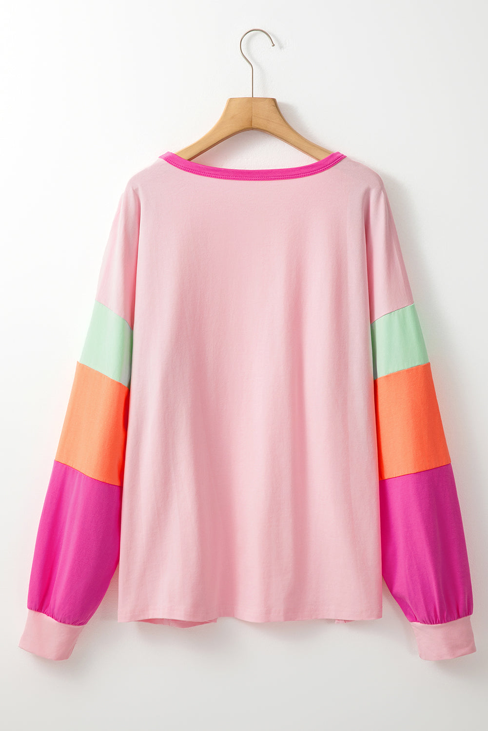 Pink Colorblock Long Sleeve Plus Size Top