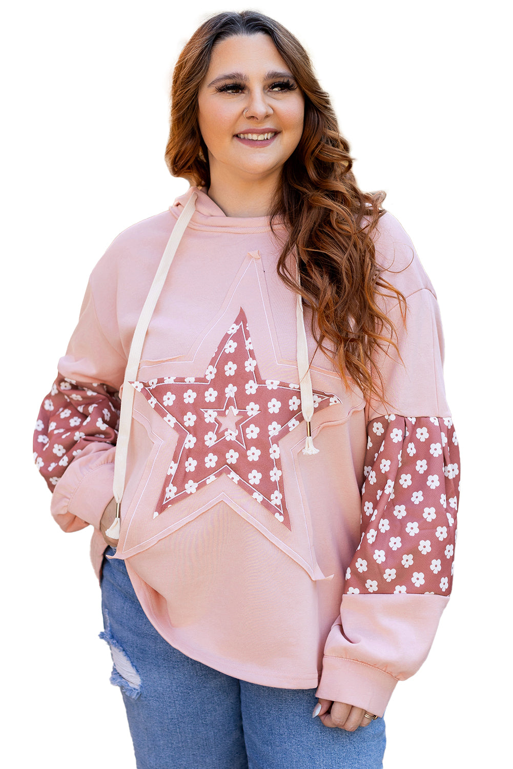 Delicacy Star Patched Floral Sleeve Plus Size Hoodie