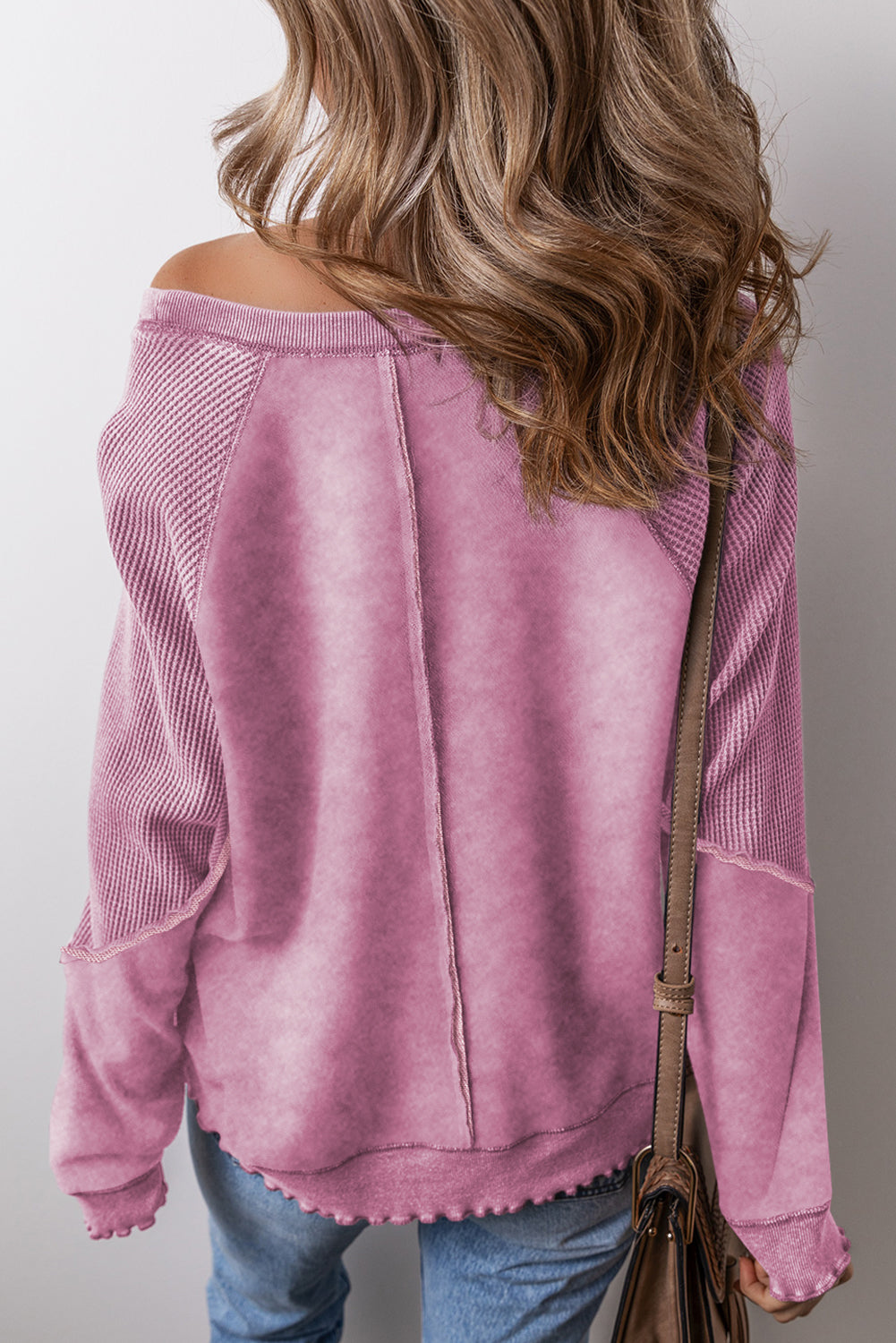 Pink Waffle Patchwork Raglan Sleeve Exposed Seam Sweatshirt