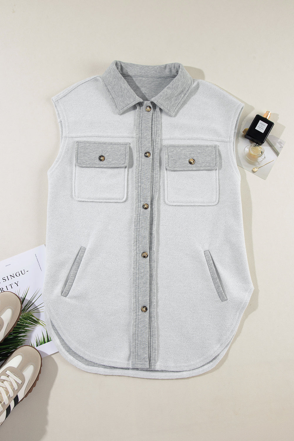 Light Grey Flap Pocket Button Front Patchwork Jacket Vest