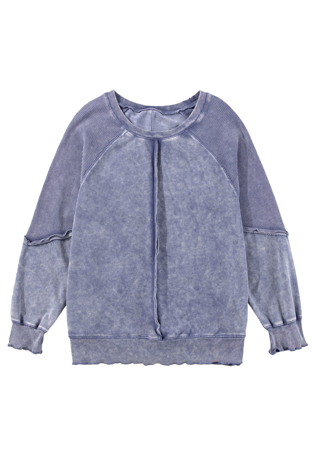 Pink Waffle Patchwork Raglan Sleeve Exposed Seam Sweatshirt