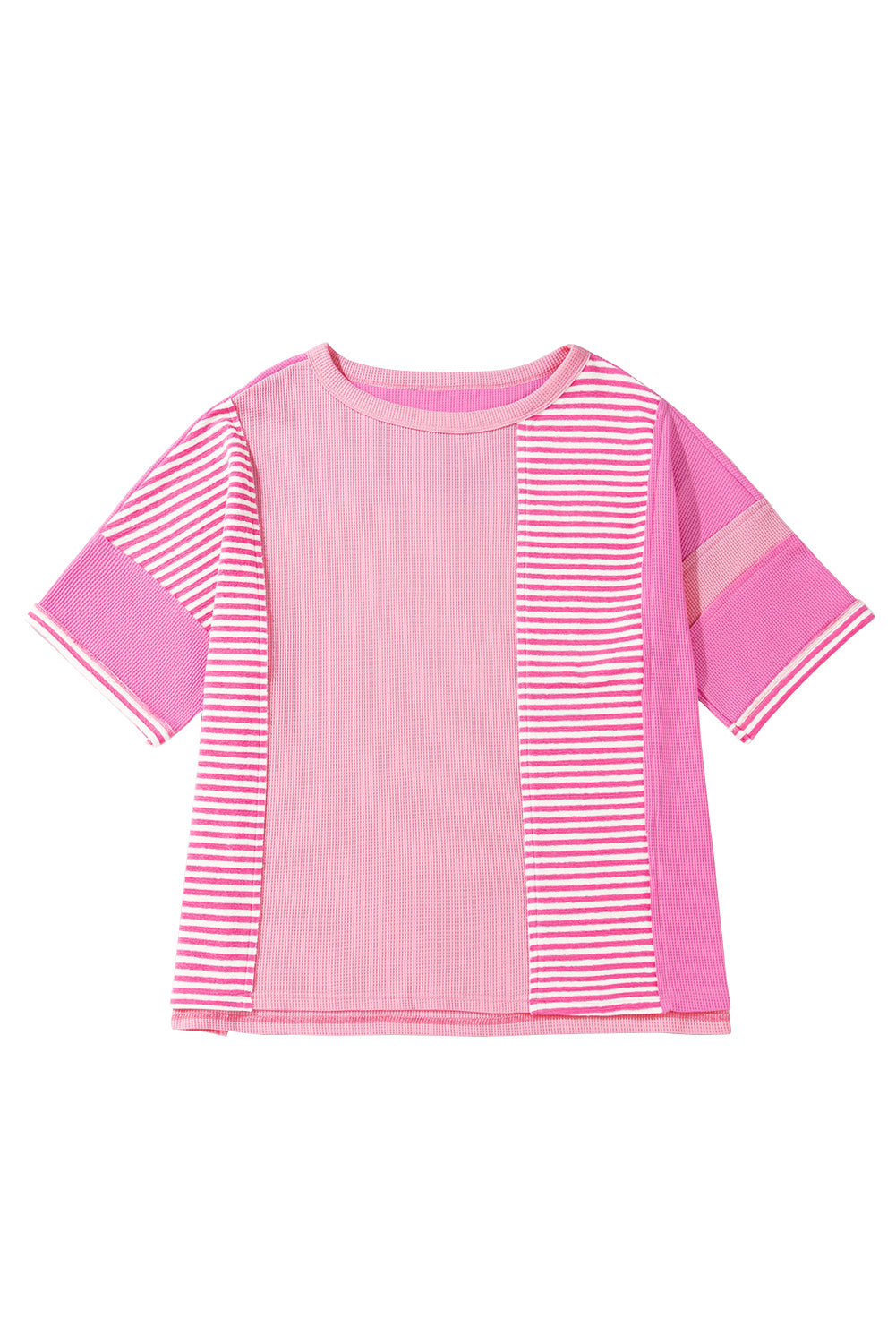 Pink Stripe Waffle Patchwork Plus Size T-Shirt