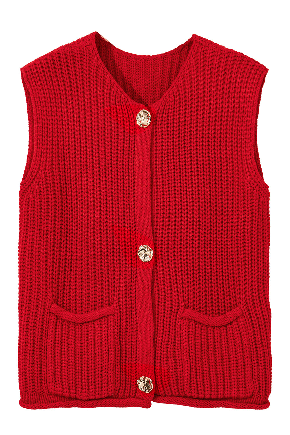 White Solid Textured Knit Side Pockets Buttoned Sweater Vest