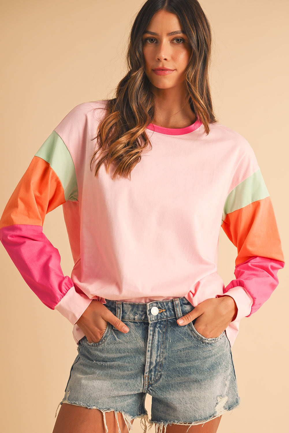 Rose Red Color Block Sleeve Loose Fit Top