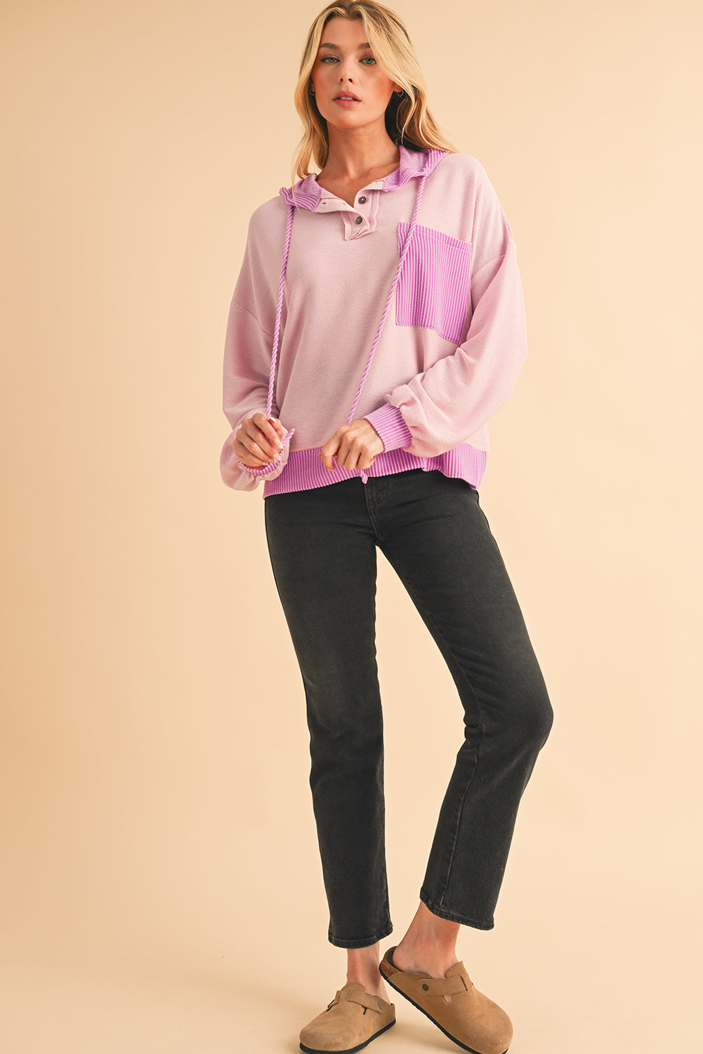 Light Pink Corded Patch Pocket Drawstring Henley Long Sleeve Tops